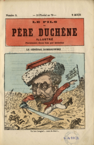 Commune cartoon from May 1871 depicting Jaroslav Dombrowski chasing away the Versailles Army