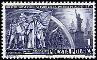Polish postage stamp (1938): Kościuszko with saber (left), Thomas Paine and George Washington.