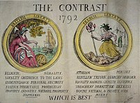 "British Liberty" in The Contrast: 1792: Which Is Best, by Thomas Rowlandson. Anti-French cartoon.
