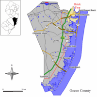 Location of Brick Township in Ocean County highlighted in yellow (right). Inset map: Location of Ocean County in New Jersey highlighted in black (left).