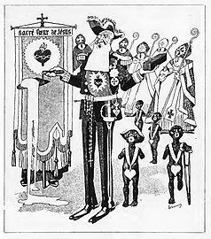 Cartoon depicting King Leopold II laying the first stone (12 October 1905)