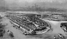 Aerial view illustration of Manhattan circa 1880, showing Castle Garden at the tip of Manhattan