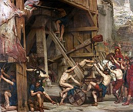 a colourful oil painting showing men hauling on a large siege engine