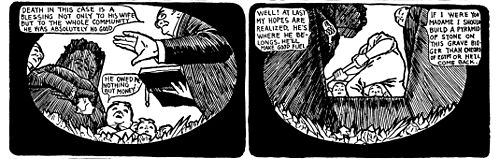 Two panels of a comic strip of a man being buried alive.