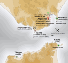Map of the Strait of Gibraltar with its ports annotated in various colours.