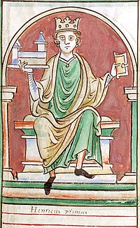 An image of Henry I on a throne at his coronation.