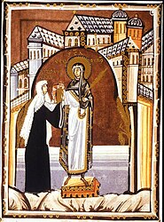 Abbess Hitda presents the Hitda Codex to Saint Walpurga, c. 1020