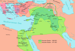 Map of the Neo-Assyrian Empire under Shalmaneser III (dark green) and Esarhaddon (light green)[9][10][11]