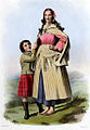 A woman wearing an earasaid, and the typical hairstyle of a married woman, with a child in Matheson tartan (1845) from a description of 150 years before.