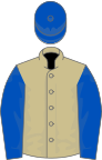 Beige, royal blue sleeves and cap