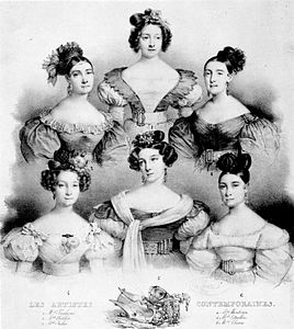 The Principal Ballerinas of the Paris Opera (clockwise from top left): Lise Noblet, Marie Taglioni, Mlle Julia [de Varennes], Alexis Dupont (née Félicité Noblet, she used the name of her husband Alexis Dupont), Amélie Legallois, and Pauline Montessu, premiers sujets in 1831.[10]