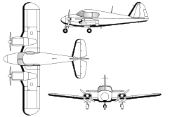 3-view line drawing of the Piper PA-23-150 Apache