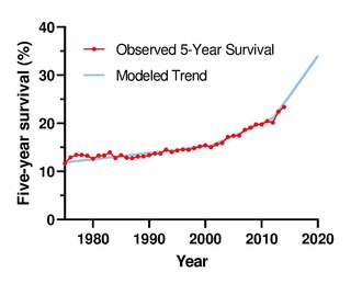 Graph showing five-year survival from lung cancer increasing from 1975 (11.7% of people) to 2015 (25.2%).