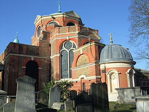 East end of the church. The small domed building is the cenotaph of Prince Adolphus, Duke of Cambridge and his wife Princess Augusta of Hesse-Kassel