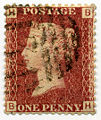 Image 13The Penny Red, 1854 issue, the first officially perforated postage stamp (from Postage stamp)