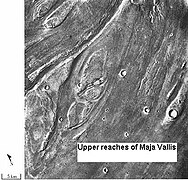 Streamlined islands seen by Viking showed that large floods occurred on Mars. Image is of a small part of the Maja Valles and is located in Lunae Palus quadrangle.