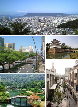 From top left: Central Takamatsu, Chūō dōri street, Takamatsu Castle, Marugame-machi shopping mall, Ritsurin Garden