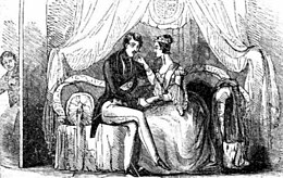 Albert and Victoria sitting on a sofa; Jones is present in the background, peering through a doorway.