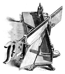 Illustration of a metal mitre box used for cutting angles from 45° to 90°