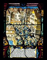 Glass painting depicting Mordnacht (murder night) on 23/24 February 1350 and heraldry of the first Meisen guild's Zunfthaus, Zürich (c. 1650).