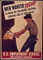 Poster for the US Employment Service recruiting timber workers