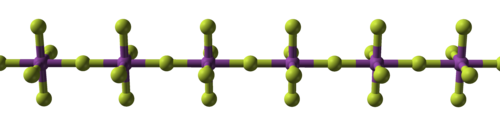 a straight chain of alternating balls, violet and yellow, with violet ones linked additionally to four more yellow perpendicularly to the chain and each other