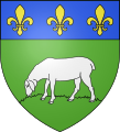 Arms of Betpouey, France: vert a sheep pascuant, on a chief azure three fleurs de lys Or