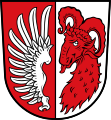 Gemeinde Viereth-Trunstadt Gespalten von Rot und Silber; vorne ein linksgewendeter halber silberner Flug, hinten ein roter Widderrumpf.[29]
