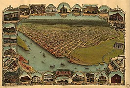 1902 Illustration of City of Eureka. Old Town is the area of the city, primarily on the waterfront near the island at left.