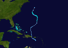 An image depicting the track of a weak and erratic tropical storm.