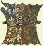Garter stall plate of Charles Somerset, 1st Earl of Worcester, show the coat of arms of Beaufort with baton sinister impaling Per pale azure and gules, three lions rampant argent (Herbert, for his first wife, shown here apparently with field inverted as Per pale gules and azure)