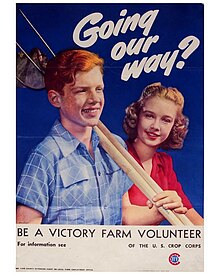 A young white boy appears to be carrying gardening tools on his shoulder. A young white girl is behind him, smiling. Large text reads 'Going our way?'. The color scheme for the entire image is red, white, and blue.