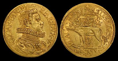 Odoardo Farnese depicted on a gold 2 doppie coin (1626).