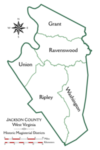 Outline map of Jackson County, West Virginia, showing the boundaries and names of the five historic magisterial districts.