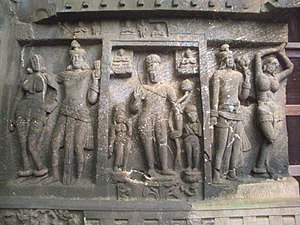 Entrance, left panel with Mithuna couples, and central Mahayana-period panel.[22]
