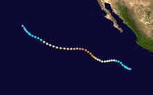 A track map of a hurricane over the Eastern Pacific Ocean; it takes a sinusoidal shape while moving in a generally west-northwestward direction