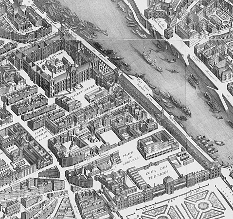 Shown as the Hôtel de Longueville on the 1739 Turgot map of Paris (southeast at the top)