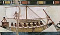 Stern-mounted steering oar of an Egyptian riverboat depicted in the Tomb of Menna (c. 1422–1411 BC) Note that the sail is stretched between yards.