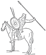 a pen and ink sketch of a man on a horse waving a spear