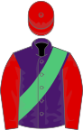 Purple, emerald green sash, red sleeves and cap