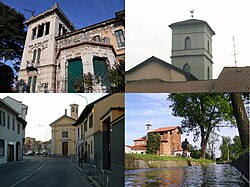 Clockwise from top: Villa Ida Lampugnani-Gajo; ornamental tower in a lombard court; a roggia with the "Madonna di Dio il Sà" church in the background; and via San Michele with the church of San Michele in the background