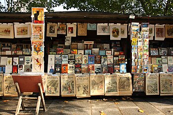 A stand of a bouquiniste (French term for second-hand book seller), in Paris, near the Cathedral Notre-Dame of Paris.