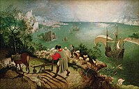 In Bruegel's Landscape with the Fall of Icarus (c. 1558) the fallen Icarus is a small detail at lower right.