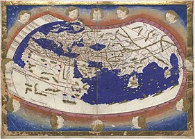 Nicolaus Germanus's 1467 manuscript copy of Ptolemy's world map. Note the Romanized names of the winds, very different from those stated in Situations, but in the same cultural tradition.
