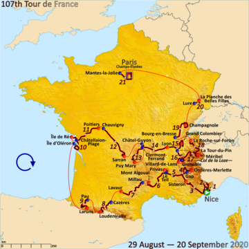 Map of France with the route of the 2020 Tour de France