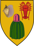 Detailed view of the shield, with queen conch shell, Caribbean spiny lobster and Turk's cap cactus