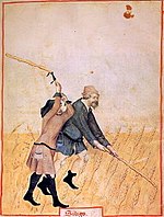 Peasants threshing siligo, a type of wheat. Tacuinum Sanitatis, 15th century.