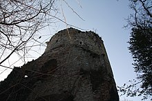 A colour photograph of the turret of a castle