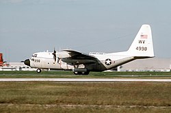 A US Navy Lockheed C-130T Hercules of Transport Squadron 48 (VR-48) takes off from NAF Washington DC during 1993.