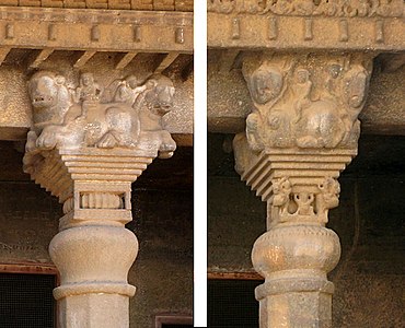 Comparison of the pillar capitals of Nahapana's Cave 10 (left) and Gautamiputra's Cave 3 (right). The capitals of Cave No.3 are "much poorer in proportion", with a "shorter and less elegant form of the bell-shaped portion, and the corners of the frame that encloses the torus having small figures attached", pointing to a later period imitation.[9]